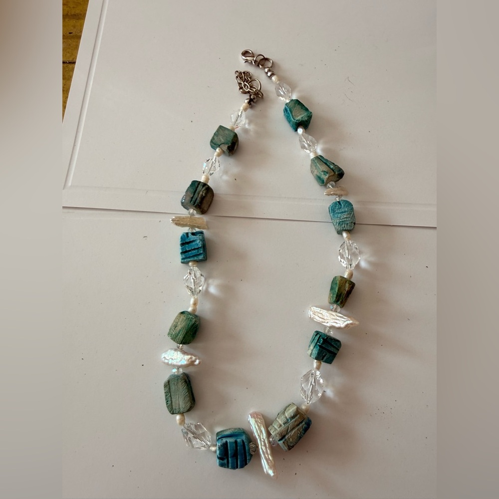 Teal Beaded Necklace with Iridescent Pearls